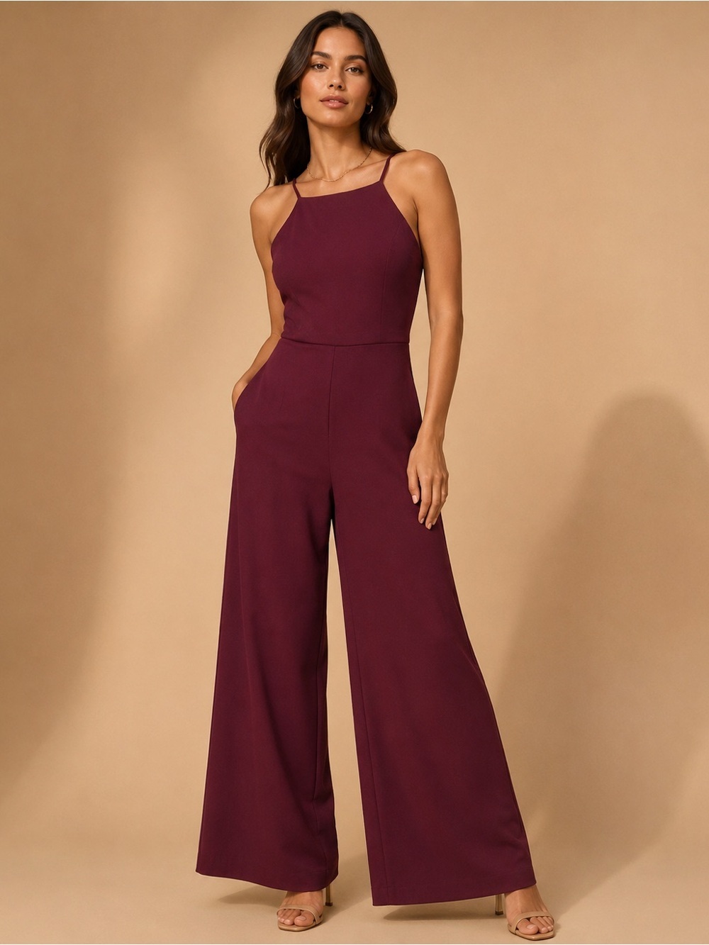 Lulu's Wine Sleeveless Wide-Leg Jumpsuit